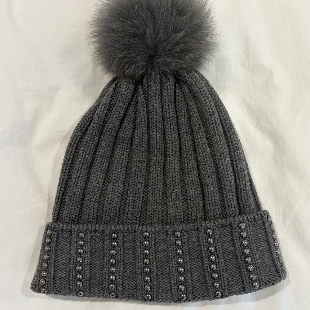 Moncler Women’s Charcoal Knit Beanie with Pom Pom
